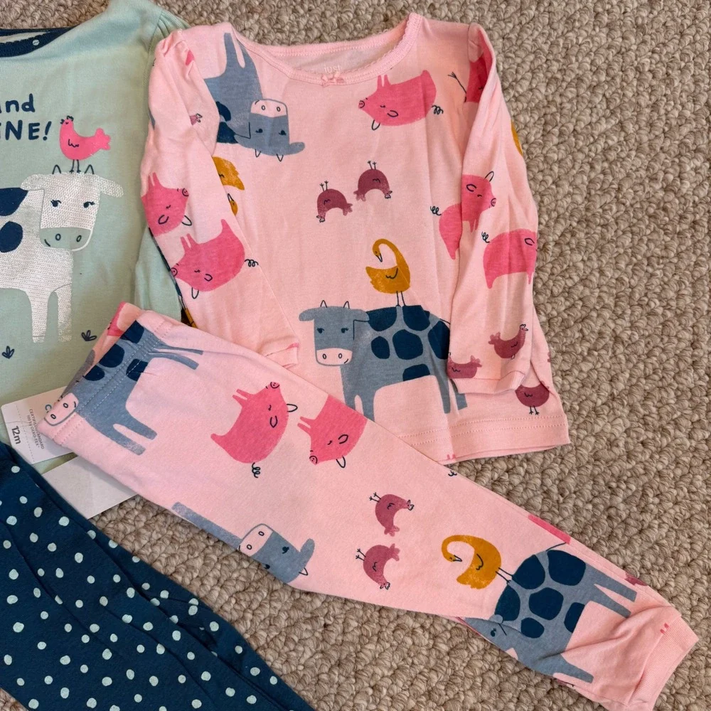 Carters Baby Girls 4pc Pajama Set‎ Farm Cow Pig Size 12 Months NWT